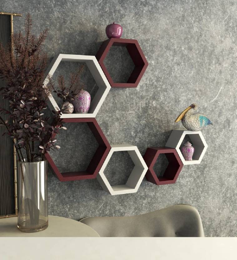 DECORASIA Heksagonformet Trevegg Hylle brun og hvit - 6 hyller