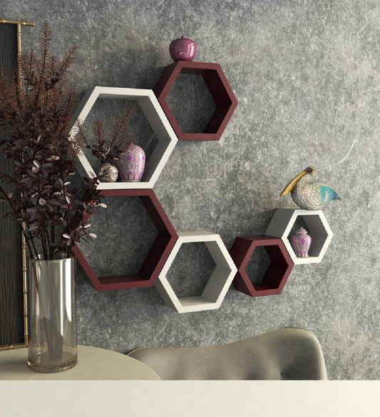 DECORASIA Heksagonformet Trevegg Hylle brun og hvit - 6 hyller
